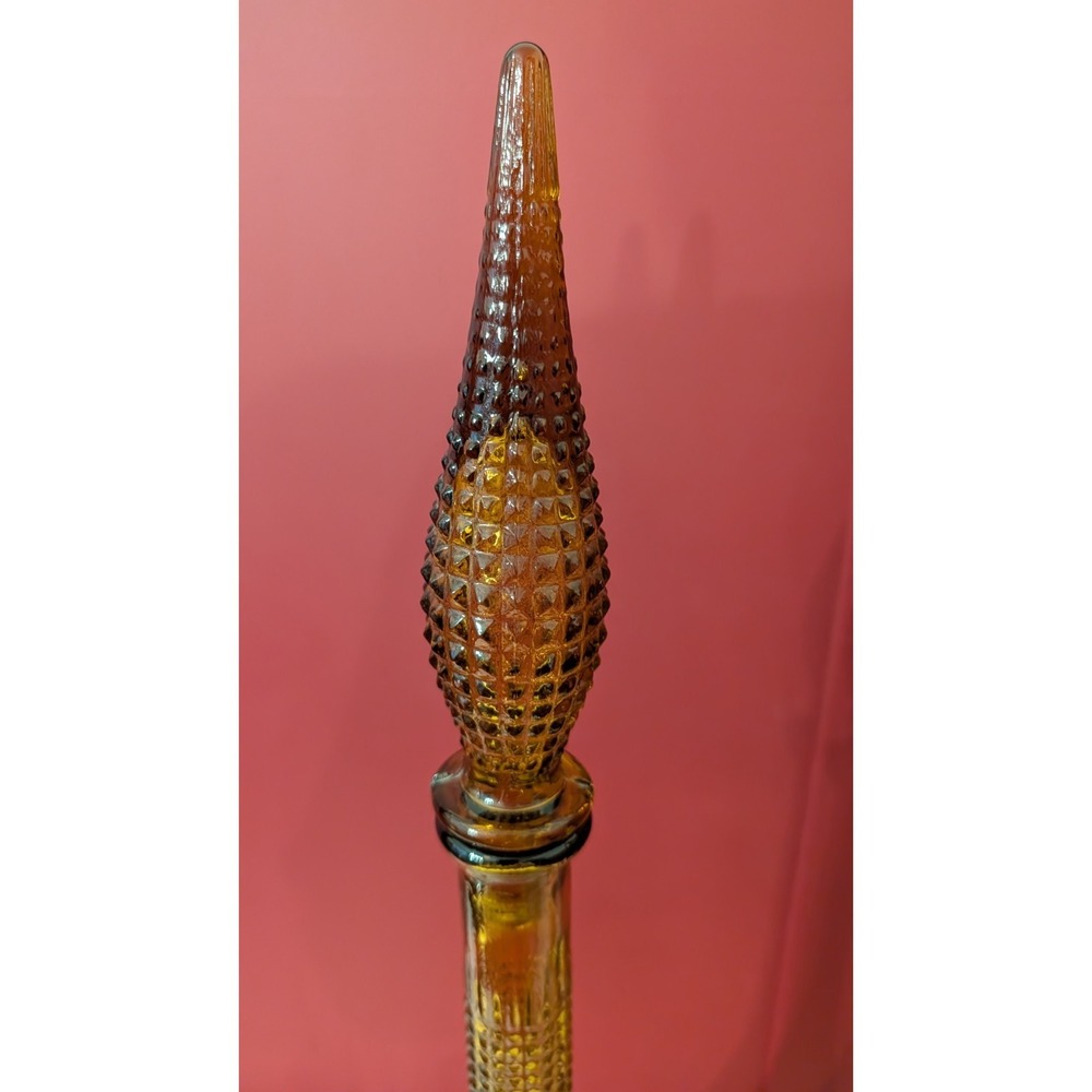 2 Vintage MCM Empoli Amber Diamond Point Glass Genie Bottle Decanter 22" Italy - Picture 4 of 16